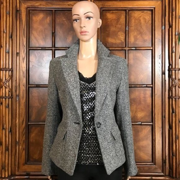 Anne Klein Ingenue Virgin Wool Silk Blend Grey Shimmer Tweed Jacket